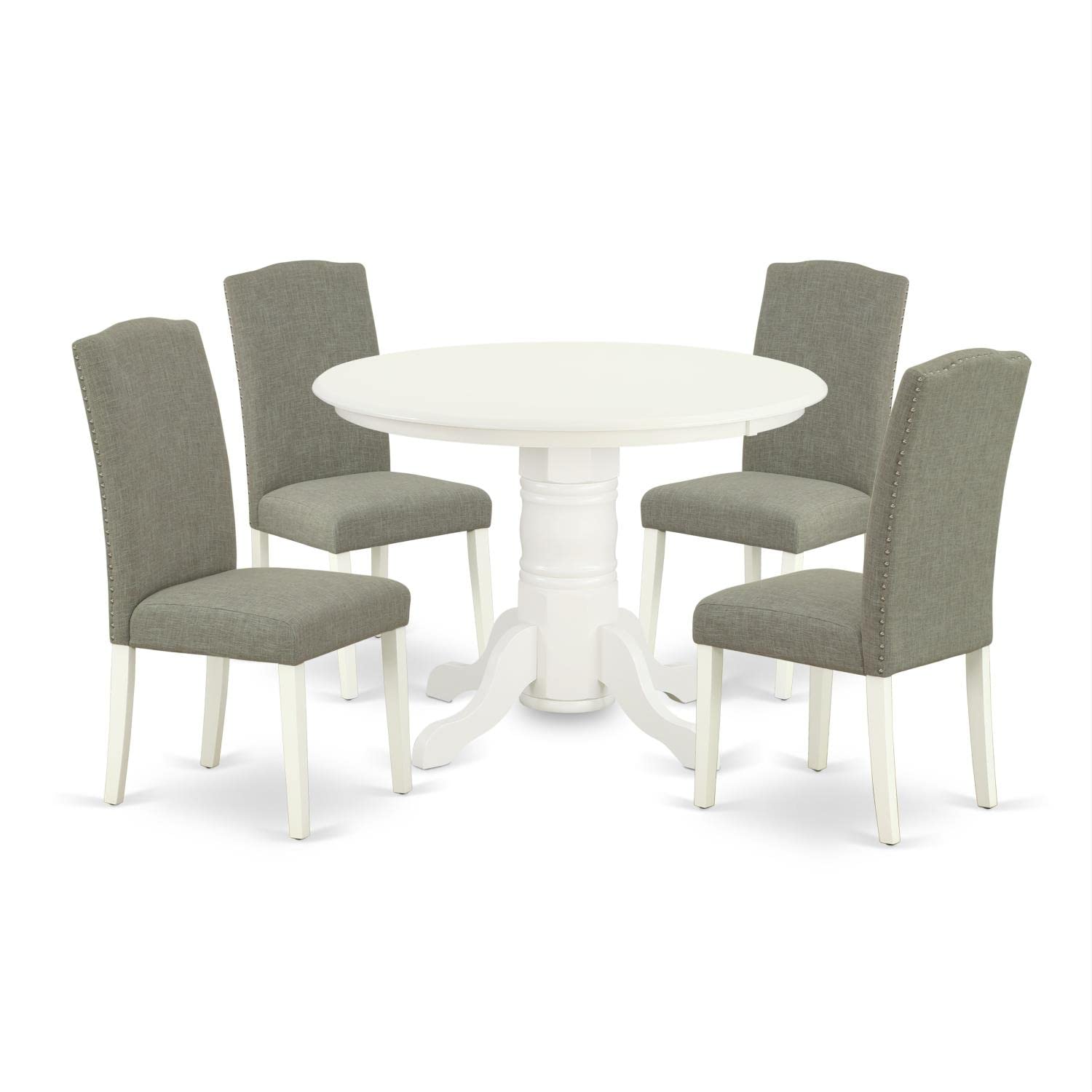 East West Furniture Shen5-Lwh-06 5 Piece Kitchen Table Set Includes A Round Dining Room Table With Pedestal And 4 Dark Shitake Linen Fabric Upholstered Chairs, 42X42 Inch, Linen White