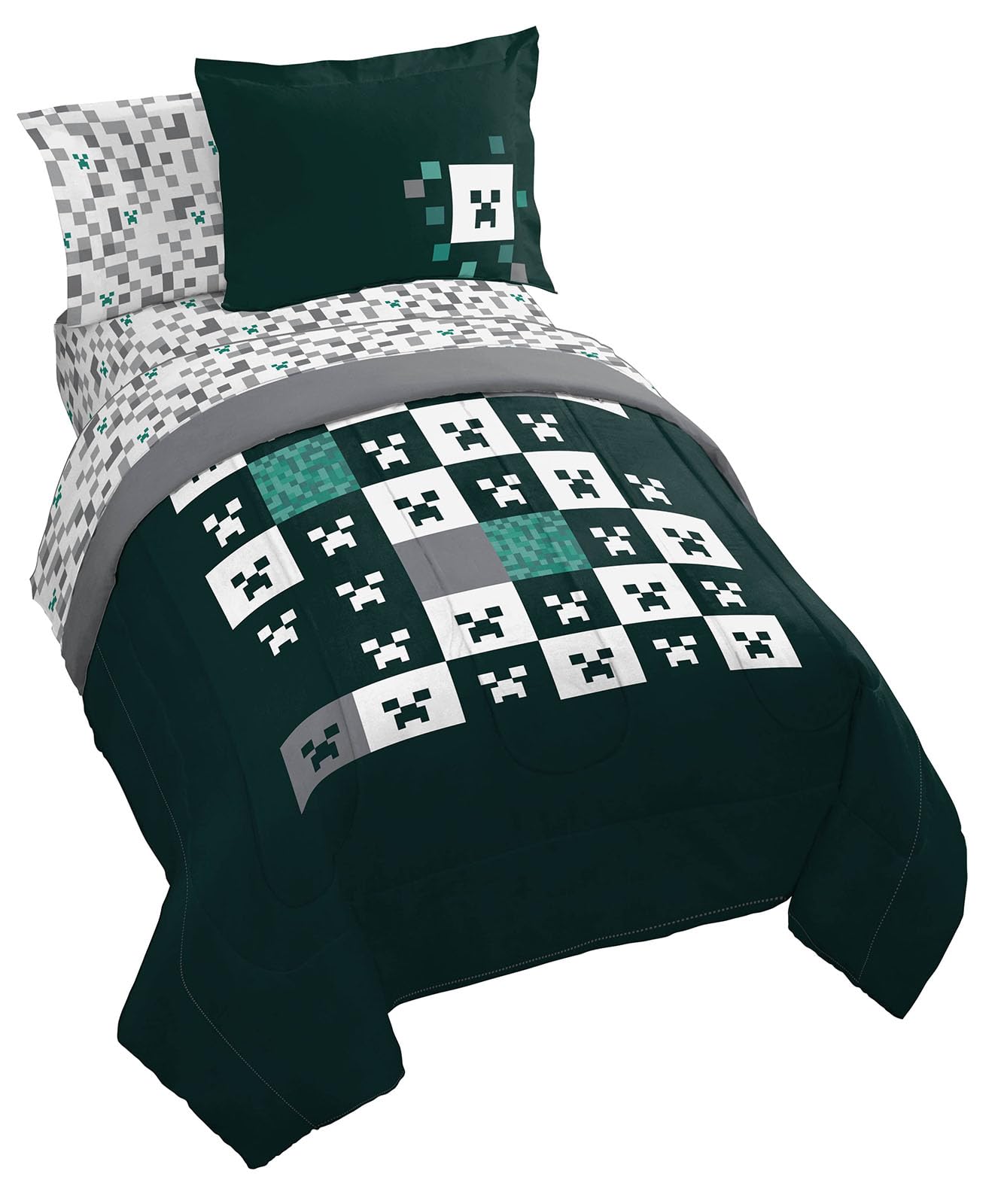 Jay Franco Minecraft Creeper Twin Comforter Set - 5 Piece Gamer Bedding Includes Sheet Set & Pillow Covers - Super Soft Checkere