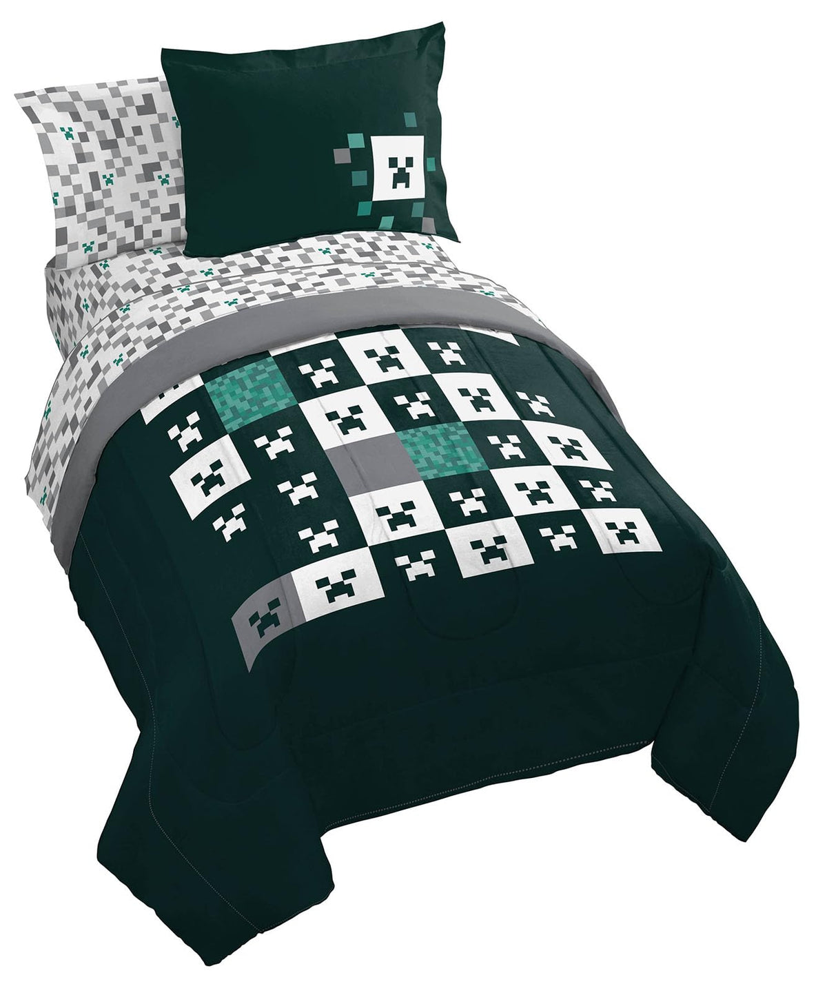 Jay Franco Minecraft Creeper Full Comforter Set - 7 Piece Gamer Bedding Includes Sheet Set & Pillow Covers - Super Soft Checkere
