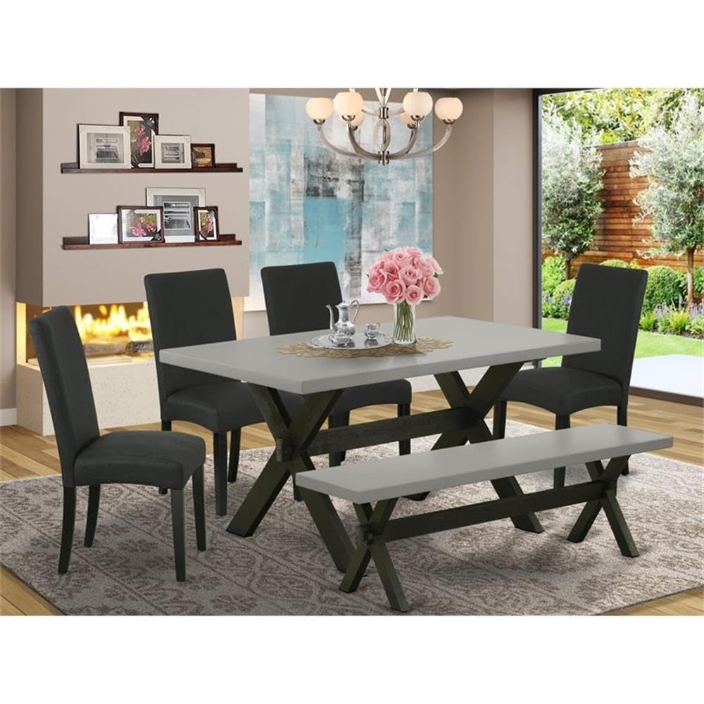 East West Furniture X696Dr124-6 6 Piece Dining Set Contains A Rectangle Dining Room Table With X-Legs And 4 Black Color Linen Fabric Parson Chairs With A Bench, 36X60 Inch, Multi-Color
