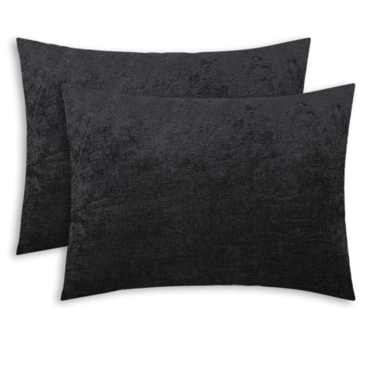Calitime Pack Of 2 Cozy Standard Pillow Shams Cases For Bed Bedding Decoration Solid Dyed Soft Chenille 20 X 26 Inches Black