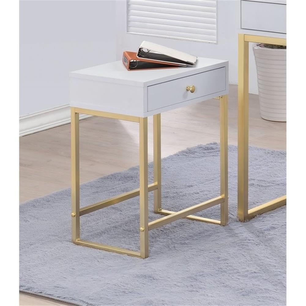 Acme Coleen 1-Drawer Metal Tube End Table In White And Brass