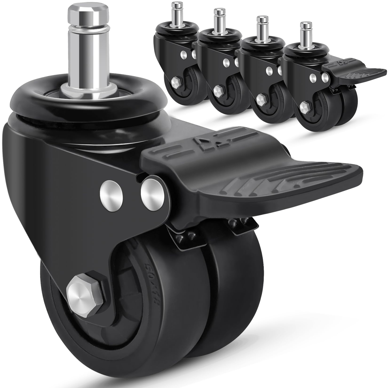 Nefish Office Chair Caster Wheels With Brake, 11Mm, 2 Inch Heavy Duty Rubber Office Chair Wheel Replacement, Support 750Lbs(Set