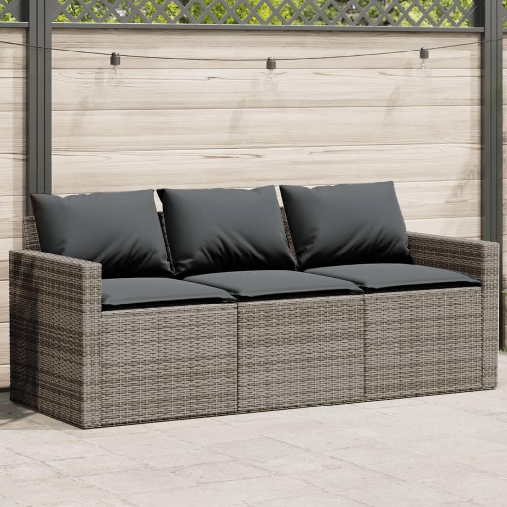 vidaXL 3 Seater Garden Sofa with Cushions PE Rattan Grey Outdoor Sofa 3 Seater Garden Sofa Four Person Garden Sofa