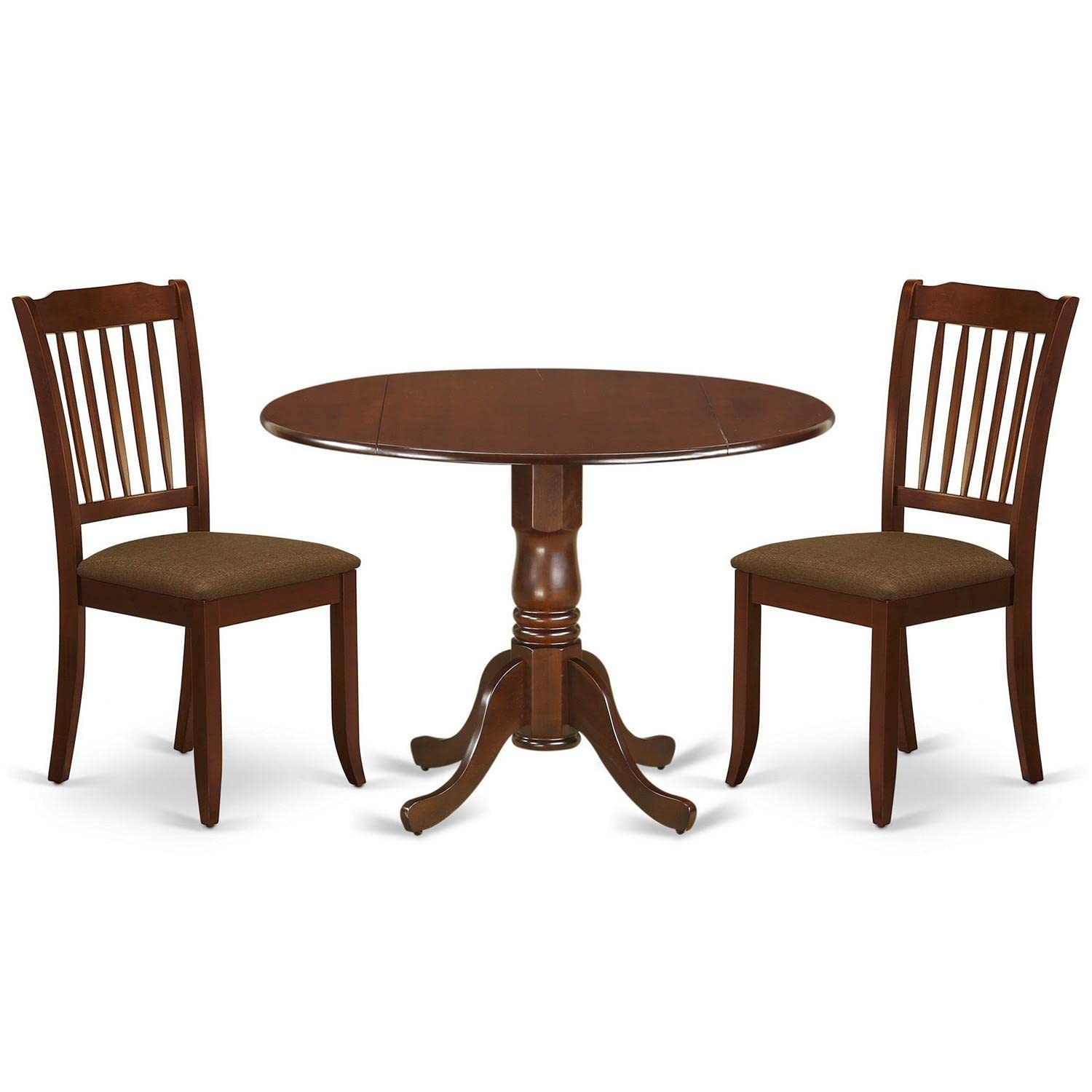 East West Furniture Dlda3-Mah-C 3 Piece Modern Dining Table Set Contains A Round Wooden Table With Dropleaf And 2 Linen Fabric Dining Room Chairs, 42X42 Inch, Mahogany