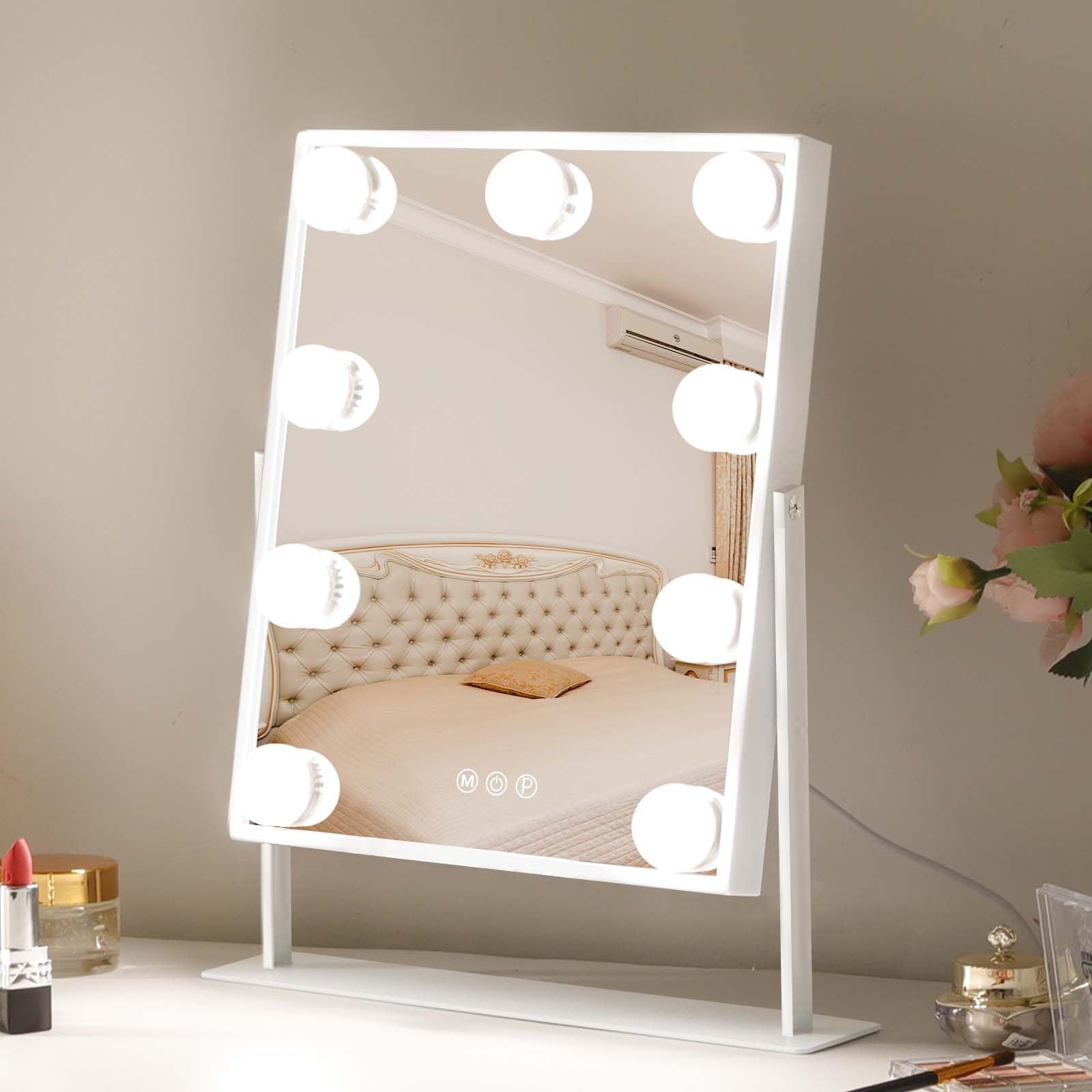 Leishe Vanity Mirror with Lights Hollywood Lighted Makeup Mirror with 9 Dimmable Bulbs & 3 Color Lighting Modes, Detachable 10X 