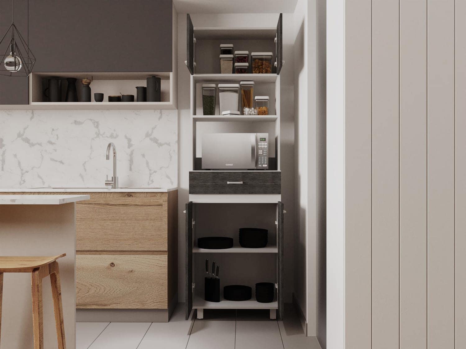 Mucura Microwave Cabinet with Drawer, 2 Double Doors, Open Shelf, and 4 Shelves, Smokey Oak/White