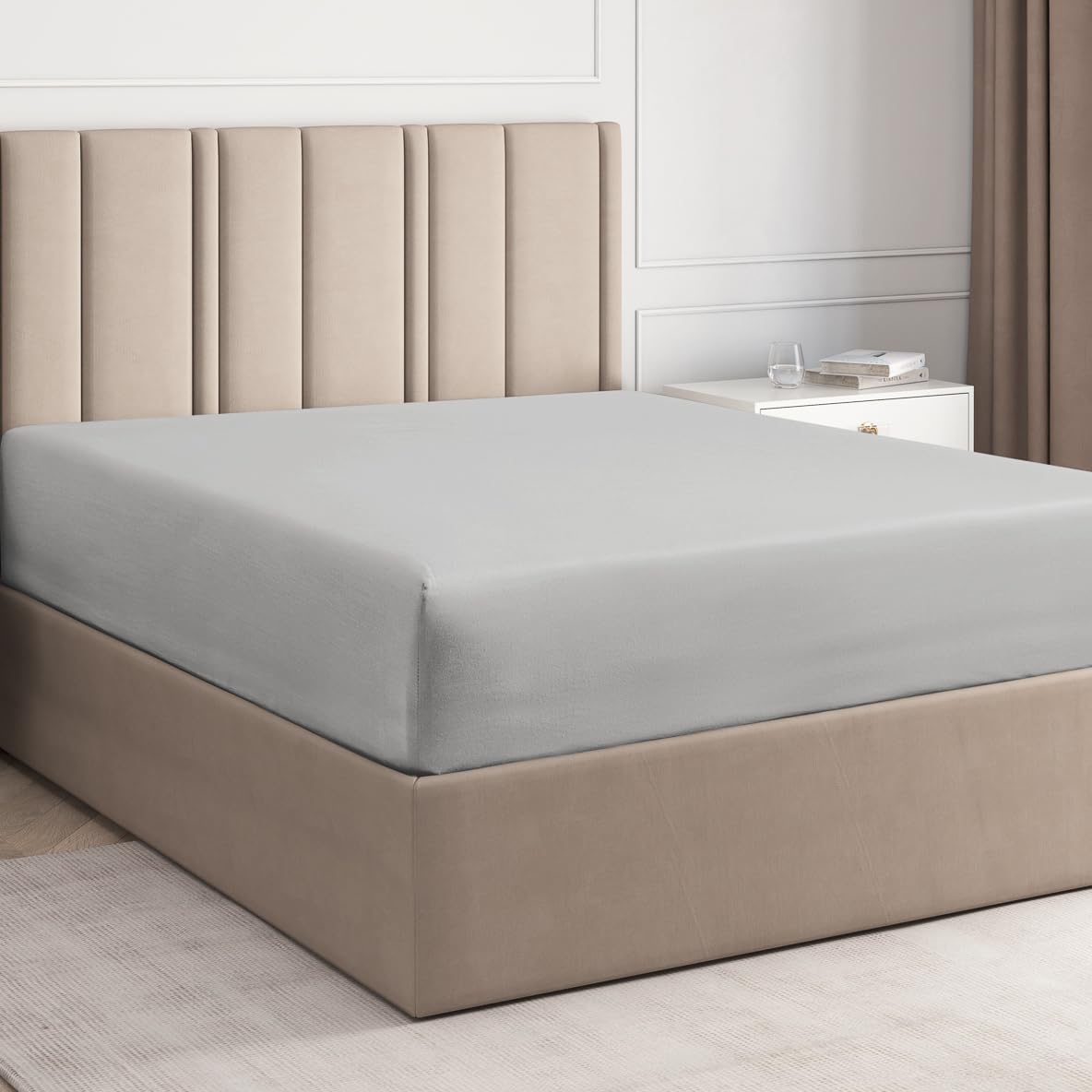 California King Fitted Sheet - Hotel Luxury & Cooling Single Fitted Sheet Only - Easily Fits Mattress Up To 16 Inches Perfectly - Soft, Wrinkle Free, Breathable & Comfy Light Grey Single Fitted Sheet