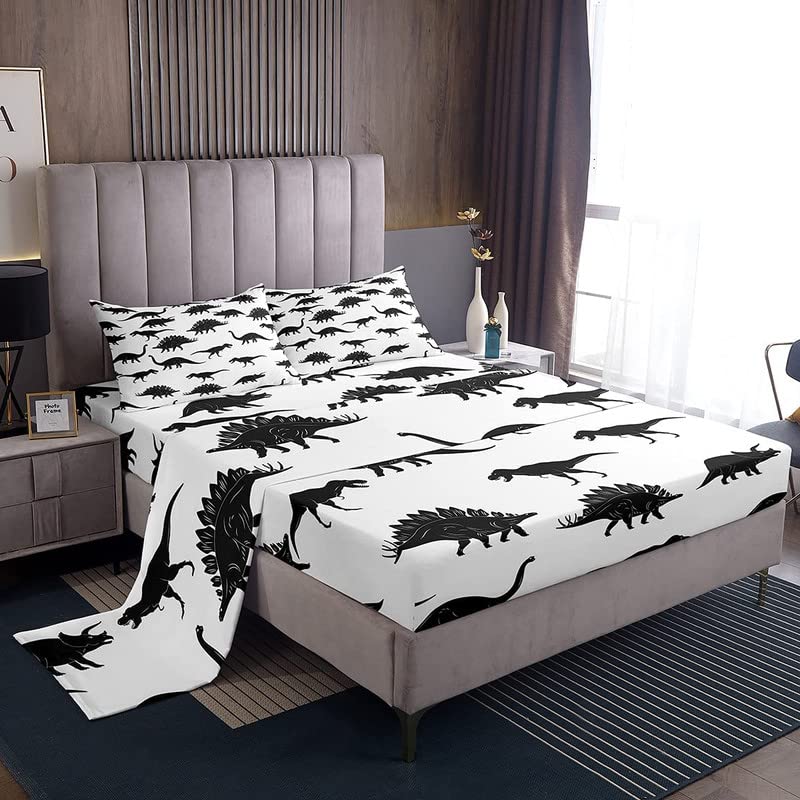Feelyou Boys Bed Sheet Set King Size Kids Dinosaur Sheets Soft And Cozy Jungle Animal Pattern Bedding Set For Children Girls Toddler Bedroom White Black Wild Dino Bed Set,Sheets Set