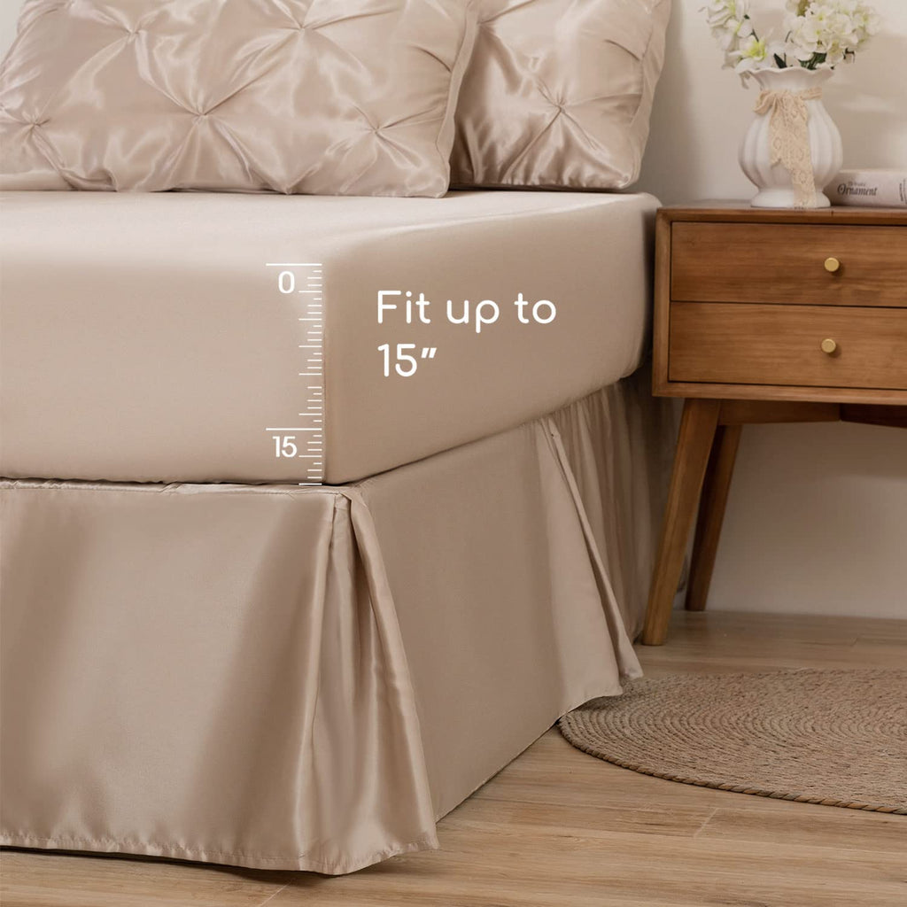 Mr&Hm Satin Comforter California King 7 Pieces Champagne - Luxurious Pinch Pleat Bedding Set With Comforter, Flat Sheet, Fitted