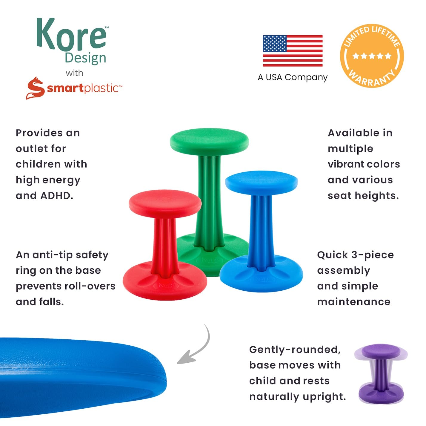 Kore Design Wobble Stool Chair, Girls + Boys Kid Desk Stools, Ergonomic Small Office Chairs, Flexible Seating For Active Kids, Add/Adhd, Classroom, School, Home, Junior (16In), Age 8-9 Yrs, Black