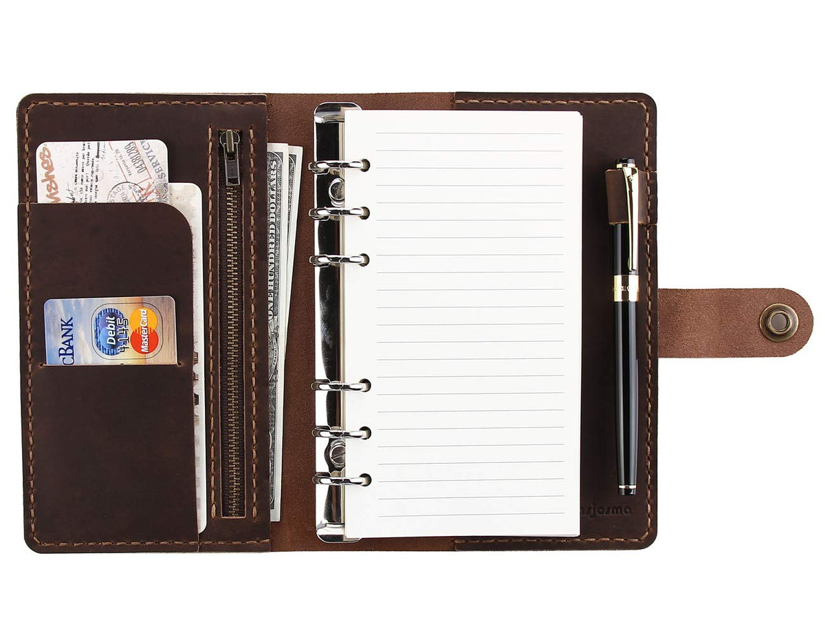 Leather Writing Journal Notebook Refillable, A6 Personal Size Traveler'S Notebook With Pockets, 6 Ring Binder Planner Notebook W