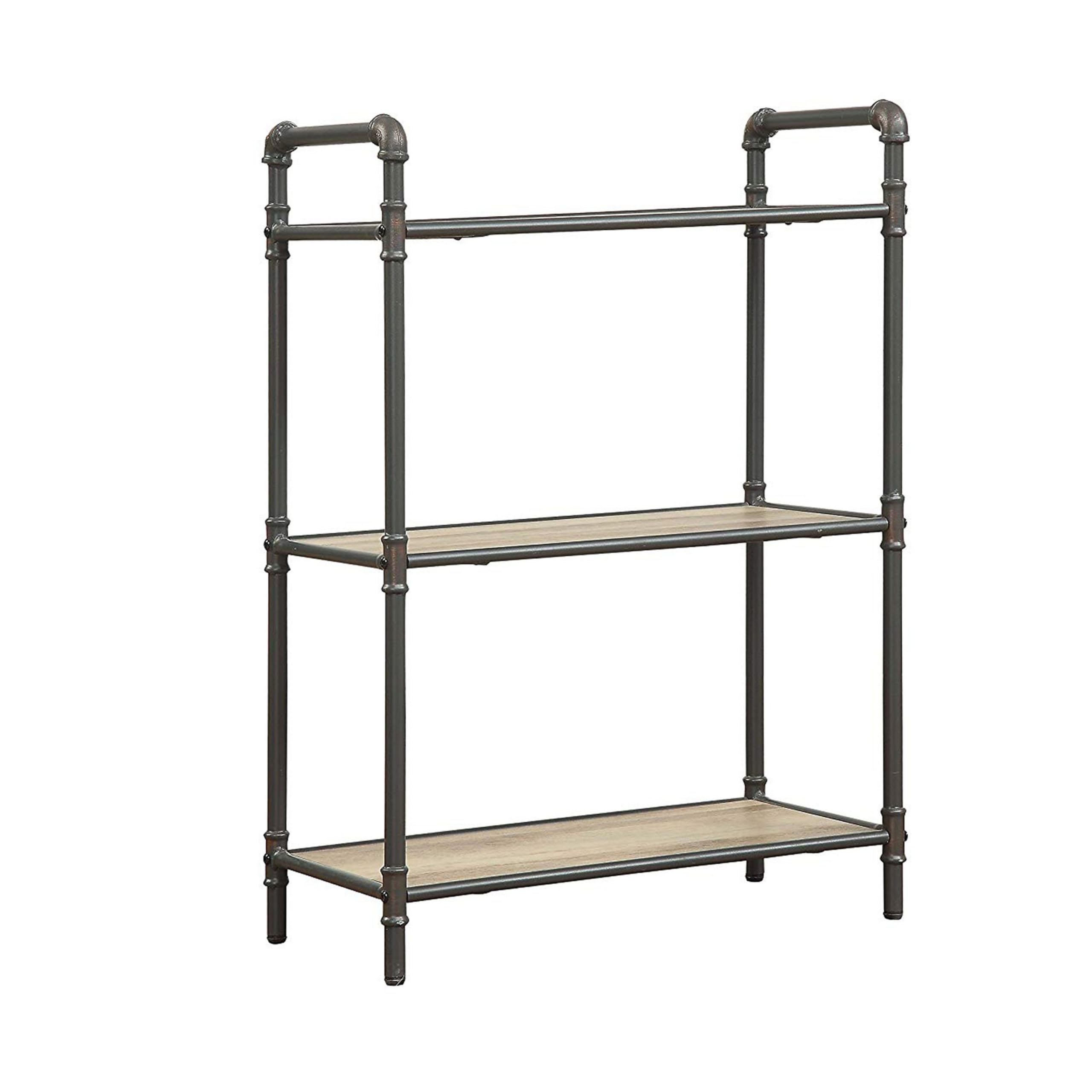 Benzara Bm184752 Three Tier Metal Bookshelf With Wooden Shelves Oak Brown & Gray