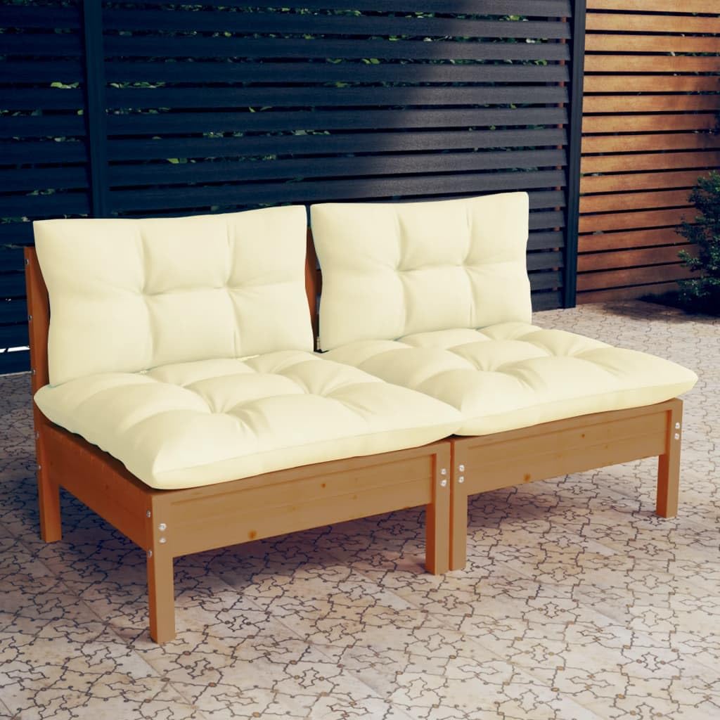 vidaXL Solid Wood Pine 2-Seater Patio Sofa with Cream Cushions Garden Outdoor Lawn Yard Terrace Balcony Wooden Seat Seating Sofa Furniture
