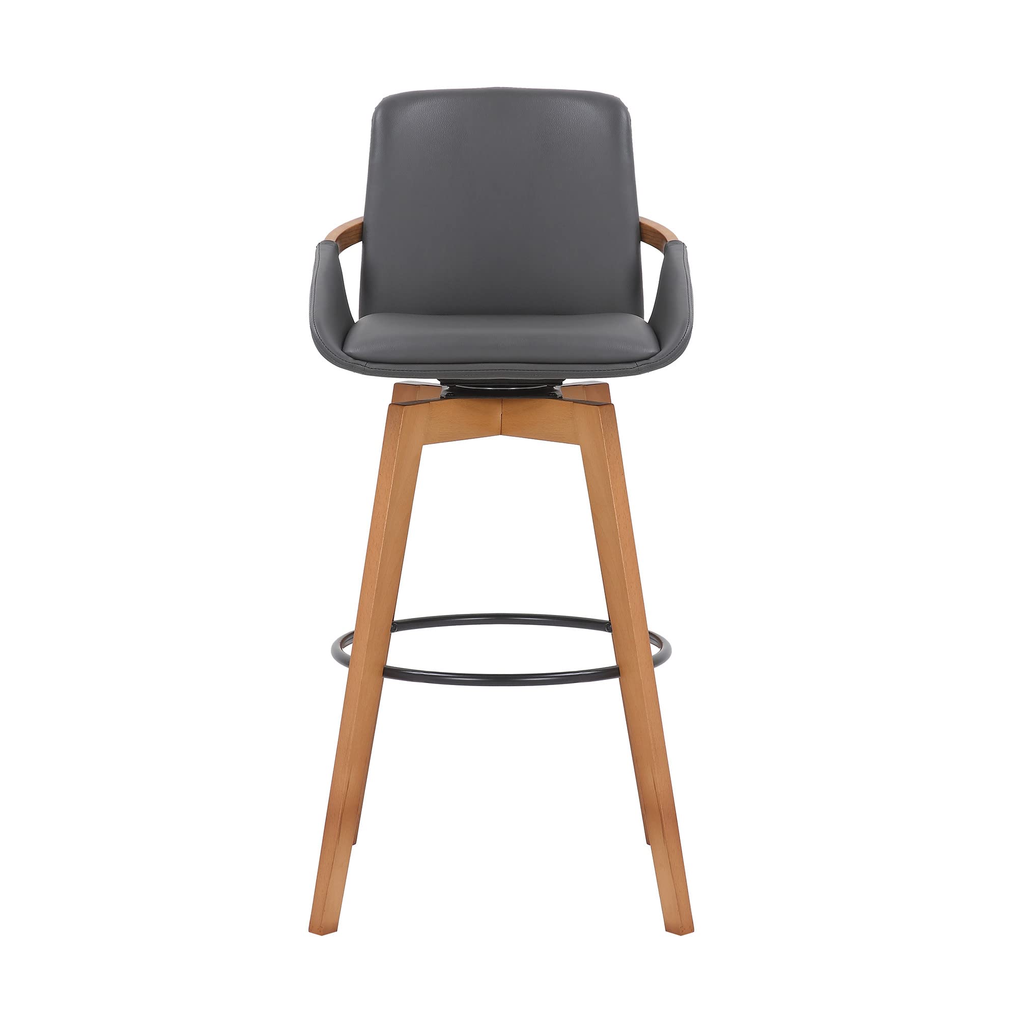 HomeRoots Gray Metal, Wood, Faux Leather 30' Luxurious Grey Faux and Walnut Wood Swivel Bar Stool