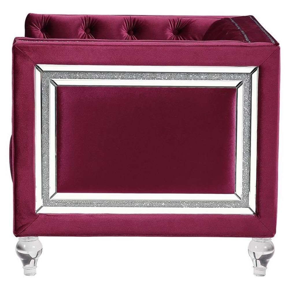 Acme Heibero Button Tufted Velvet Loveseat with 2 Pillows in Burgundy