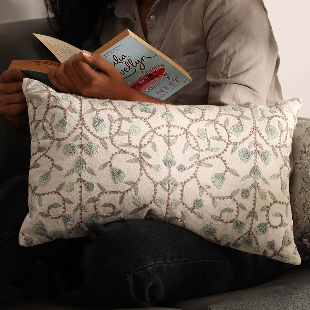 Esq Living Sweetpea Rectangular Embroidered Cotton Cushion Cover 50X30Cm | 100% Cotton Material With Zipper Closure| Bedroom Sof