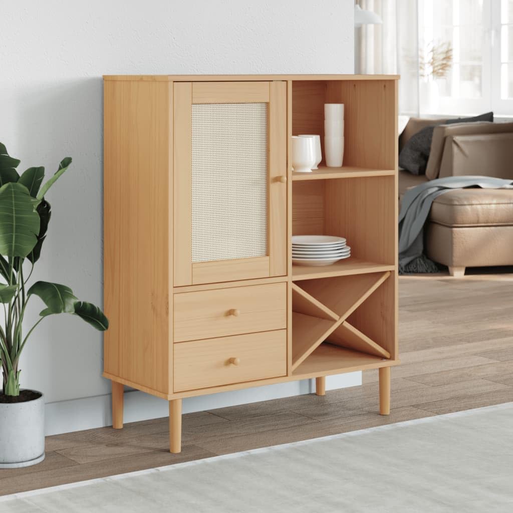 vidaXL Solid Wood Pine Highboard with Rattan Look Door Surface