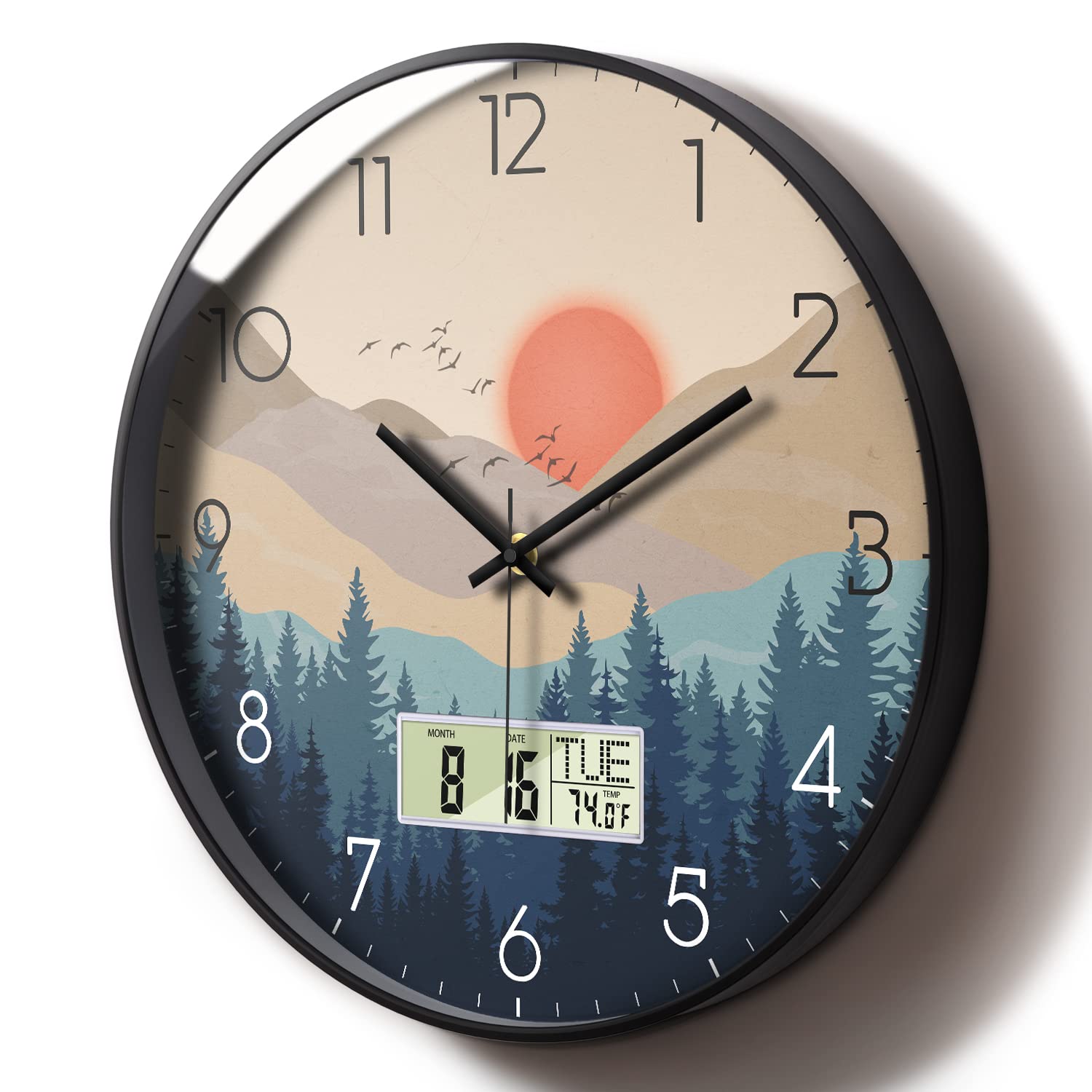 Silent Wall Clock with Day Week Temperature Wilderness with Sunset Non-ticking Battery Operated Large Digital Modern Clocks Disp