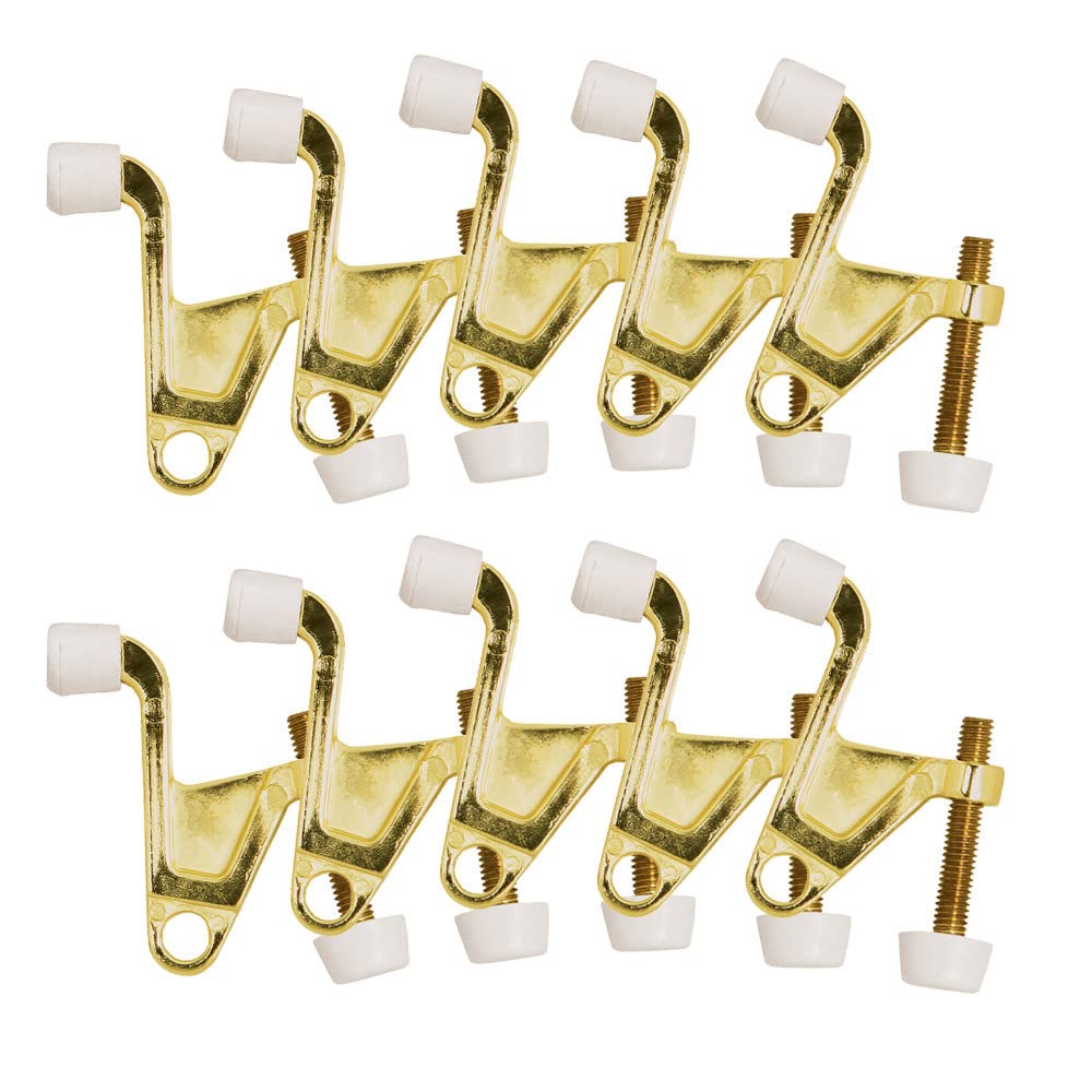 Jumbo Hinge Pin Door Stop Wall Protector With Rubber Tip, Design House Polished Brass Adjustable Door Stoppers, 10-Pack, 181826