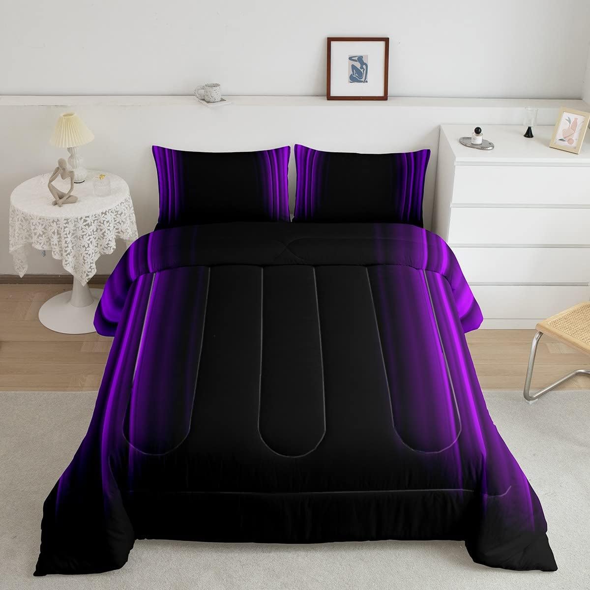Geometric Abstract Ombre Comforter Set Kids Teens Purple And Black Striped Bedding Bed Set Decor Modern Fashion Comforter Inner
