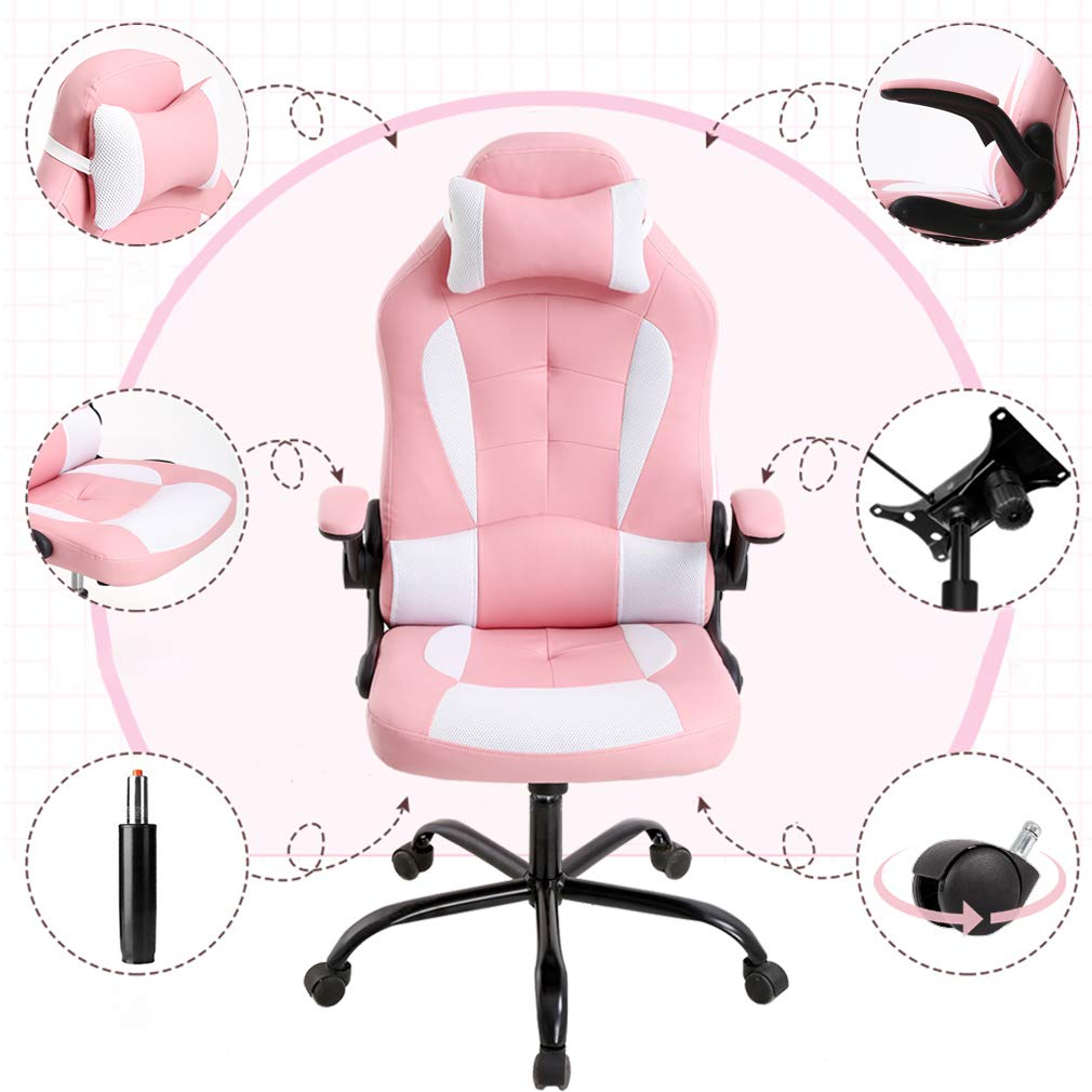 Gaming Chair Office Chair Desk Chair With Lumbar Support Flip Up Arms Headrest Swivel Rolling Adjustable Pu Leather Racing Computer Chair For Girls,Pink