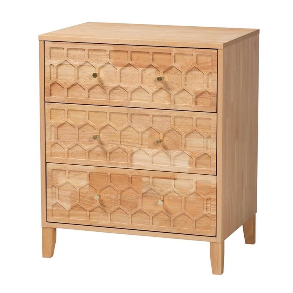 Baxton Studio Hosea Japandi Carved Honeycomb Natural 3-Drawer Chest