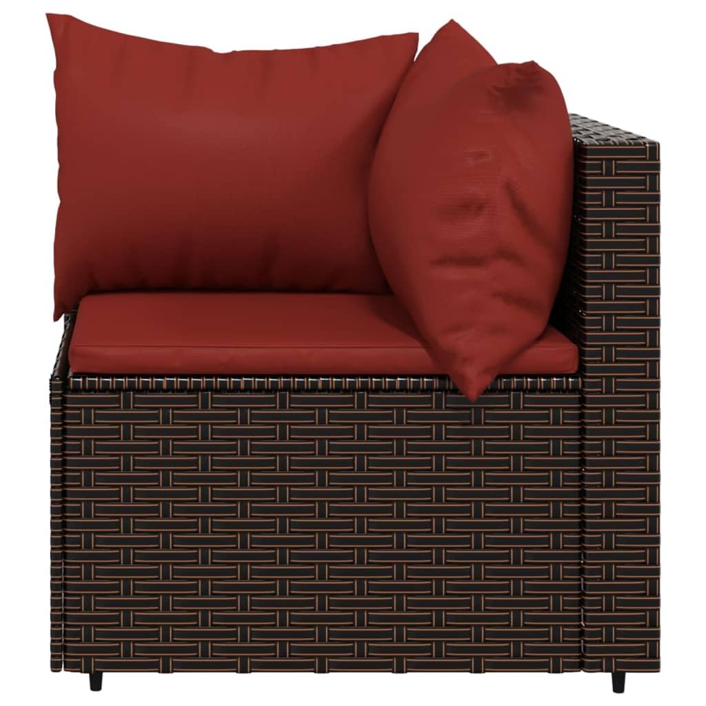 vidaXL Patio Corner Sofa with Cushions - Outdoor Furniture with Sturdy Steel Frame and Weather-Resistant Poly Rattan - Brown and Red