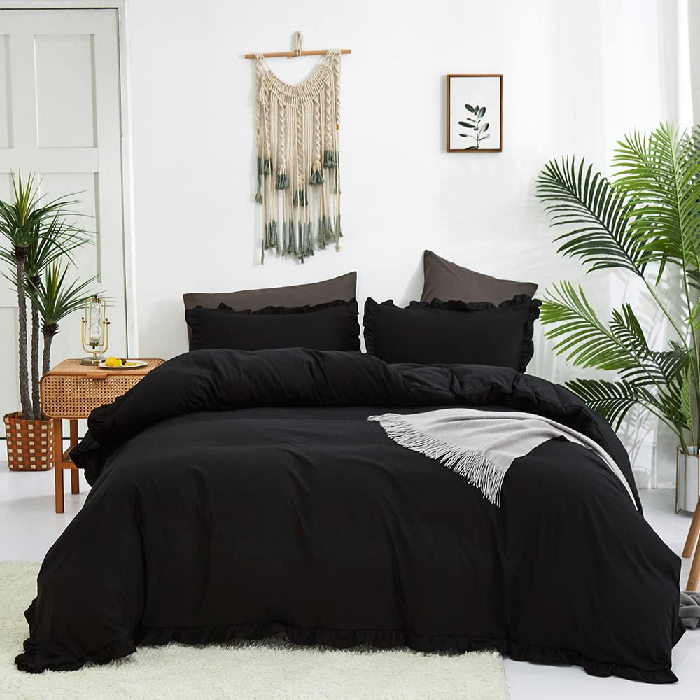 Clothknow Black King Size Comforter Set 3Pcs Ruffles Bedding Comforter Sets Shabby Chic Comforter King Size Farmhouse Black Comf