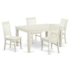East West Furniture WEST5-WHI-W 5 Piece Kitchen Set for 4 Includes a Rectangle Room Table with Butterfly Leaf and 4 Dining Chairs, Wood Seat, Linen White