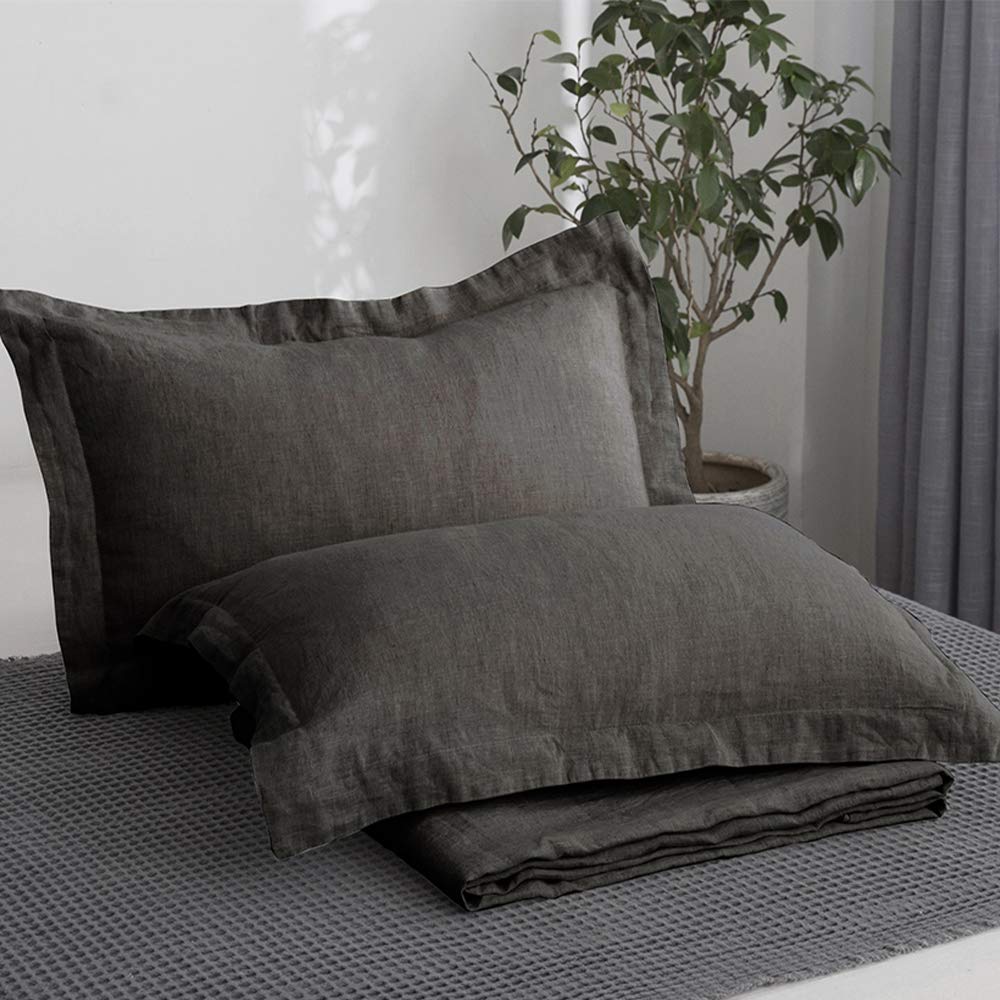 King Linens 100% French Linen Pillow Shams Basic Style - Pack Of 2 - Washed Solid Color Natural Flax Soft Breathable - Dark Grey