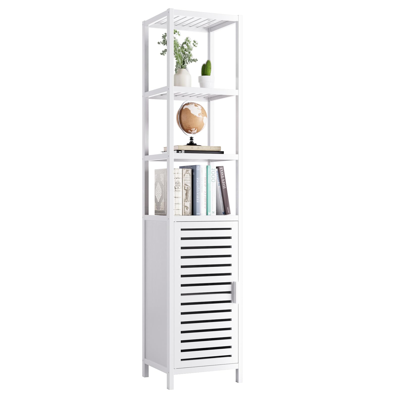 HITNET Bathroom Tall Cabinet, Floor Standing Bamboo Storage Cabinet with 6 Shelves and Shutter Door for Kitchen Living Room, Whi
