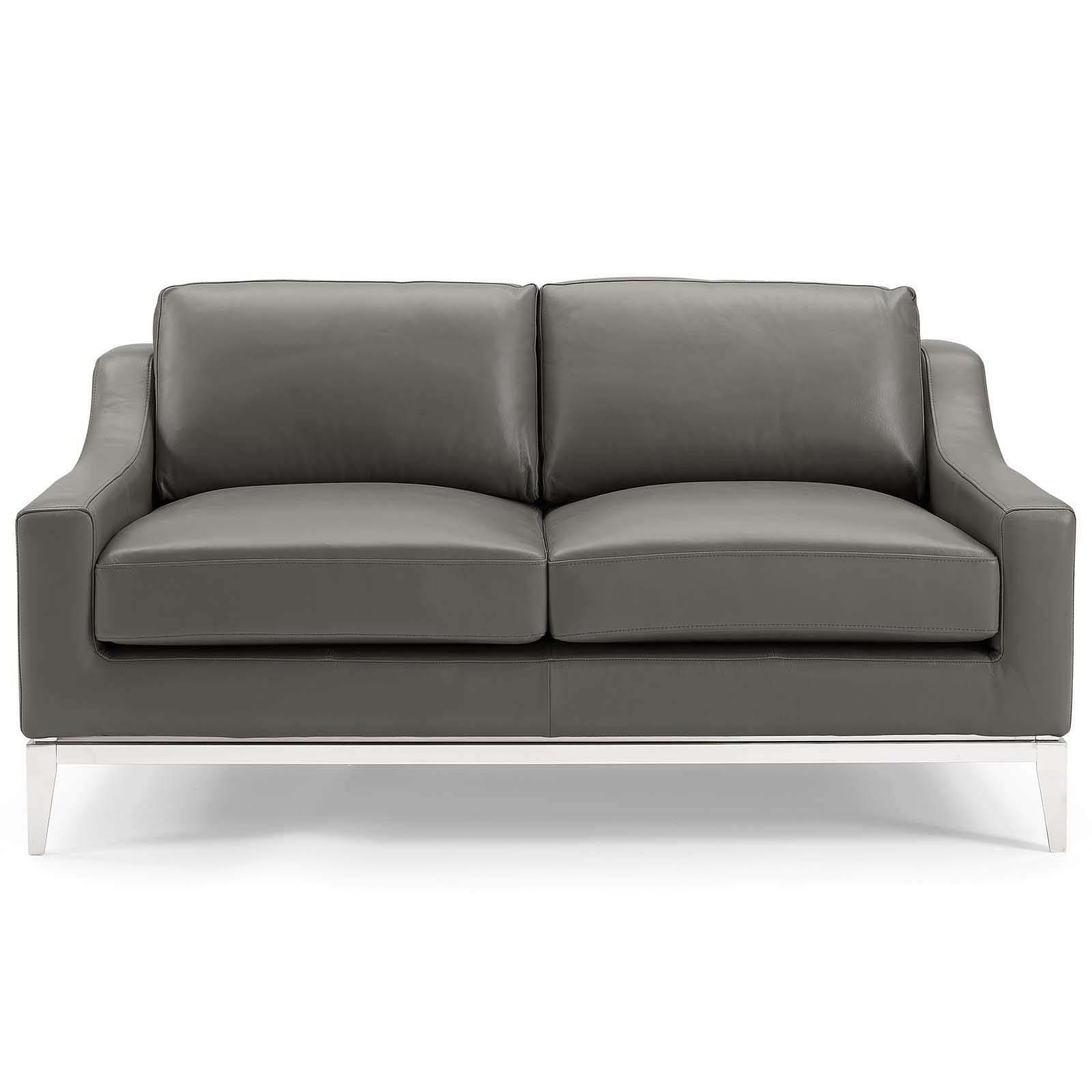 Modway Harness 64&quot; Leather Loveseat In Gray With Stainless Steel Base