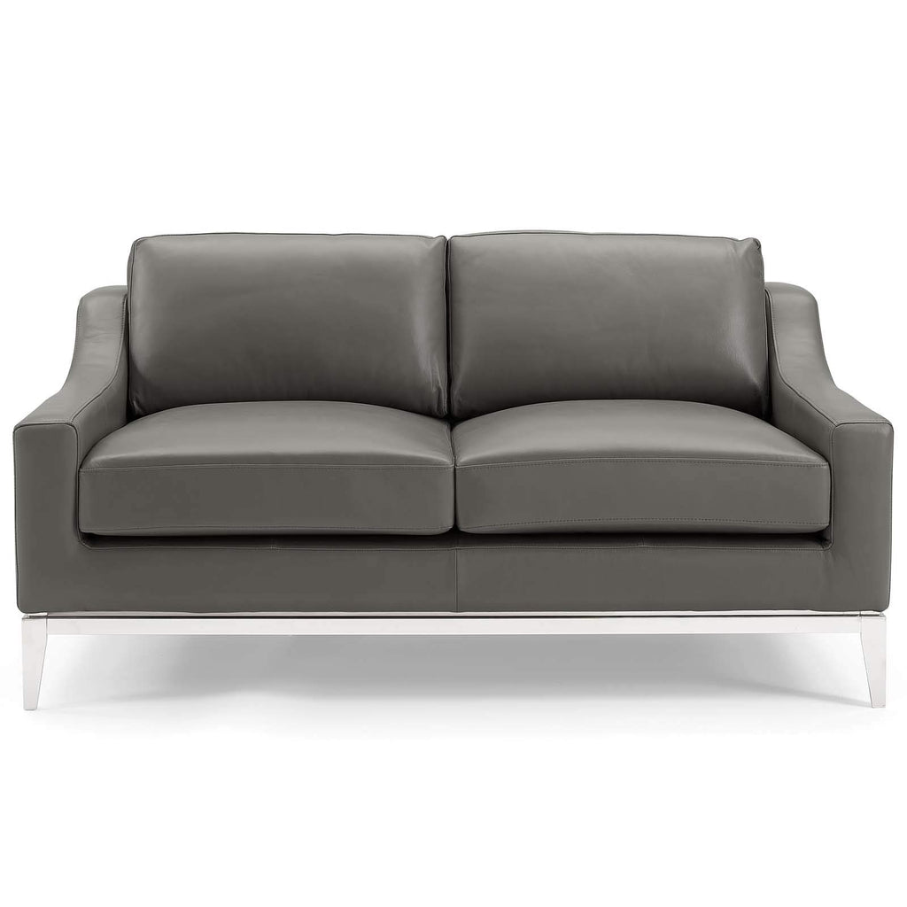 Modway Harness 64" Leather Loveseat In Gray With Stainless Steel Base