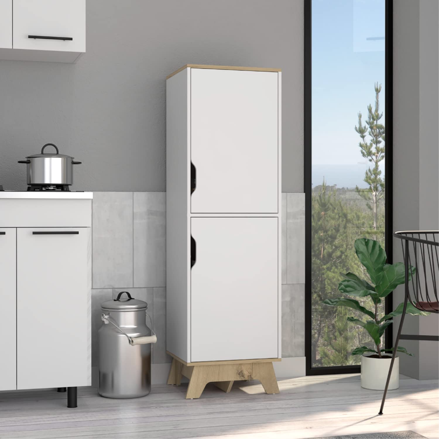 Multistorage Cabinet 59" H, 2 Doors, 4 Internal Shelves, Light Oak/White
