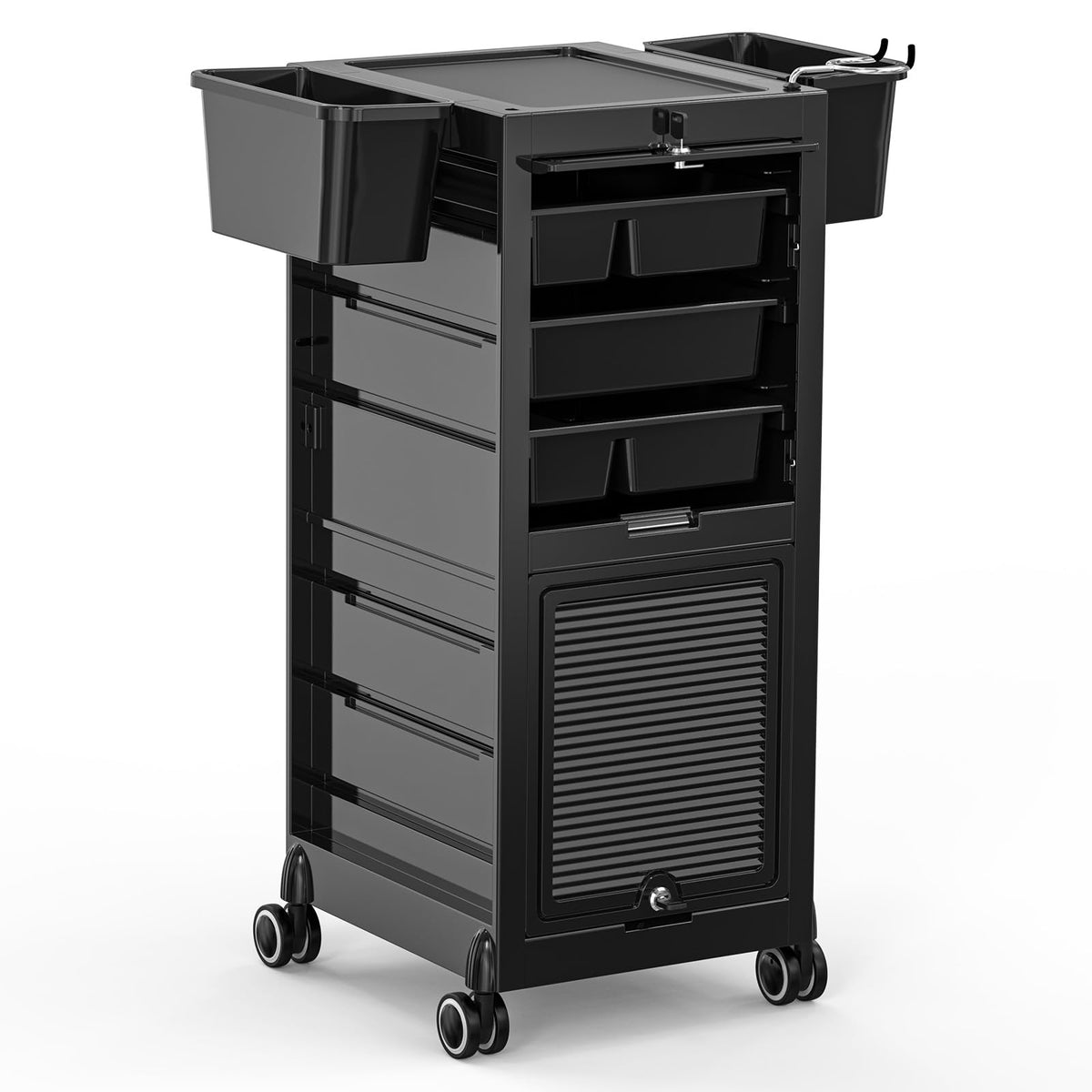 OmySalon Salon Trolley Cart, Hair Stylist Station with 2 Lockable Doors, Rolling Hair Cart Organizer with Drawers & Bucket & Dry