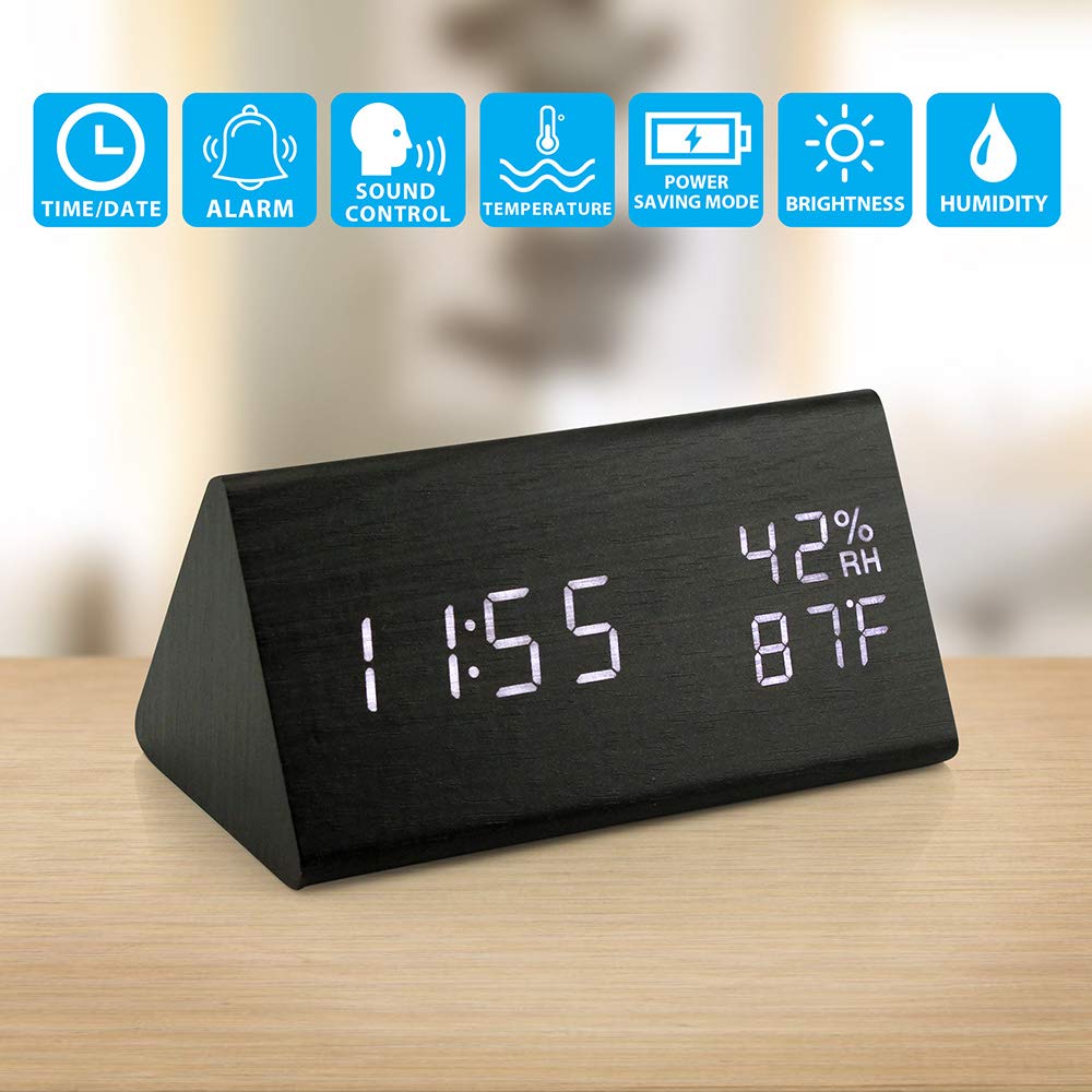 Oct17 Wooden Alarm Clock, Smart Led Digital Clock For Bedroom/Desks, Upgraded With Time Temperature, Adjustable Brightness And V