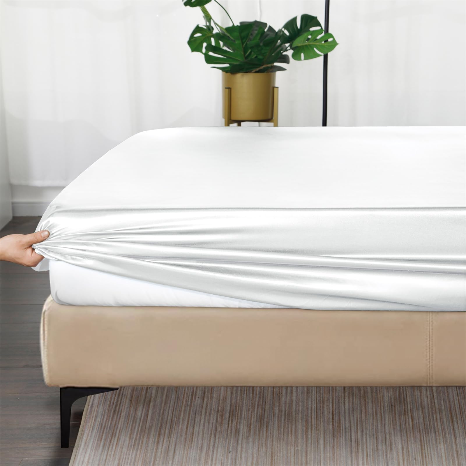 Ersmak Silk Satin Fitted Sheet, Soft Deep Pocket Bottom Luxury Queen Fitted Sheet, Wrinkle Free, Breathable, Fade Resistant - Iv