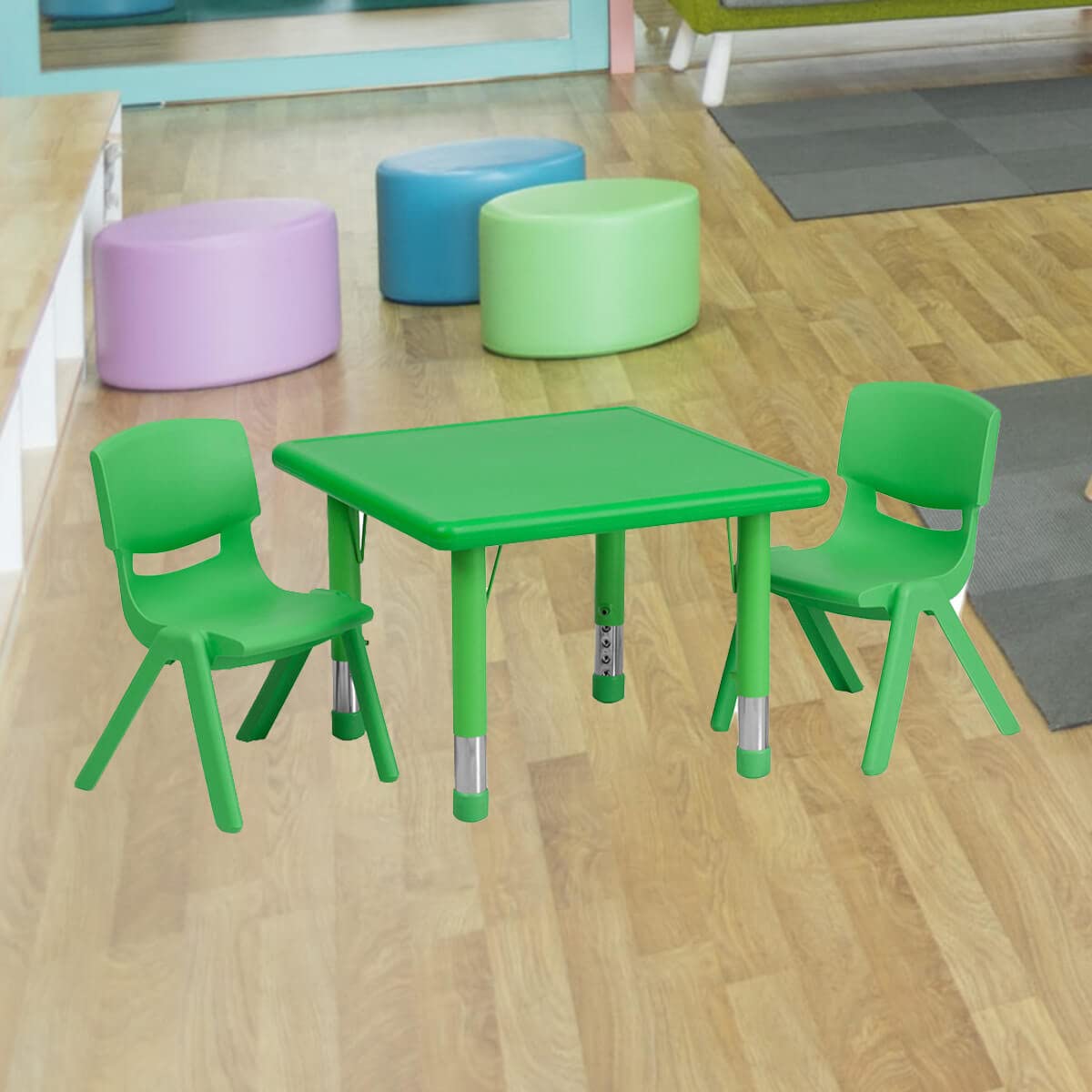 Flash Furniture Square Activity Table Set, 24"W x 24"D x 14.50" - 23.75"H, Green