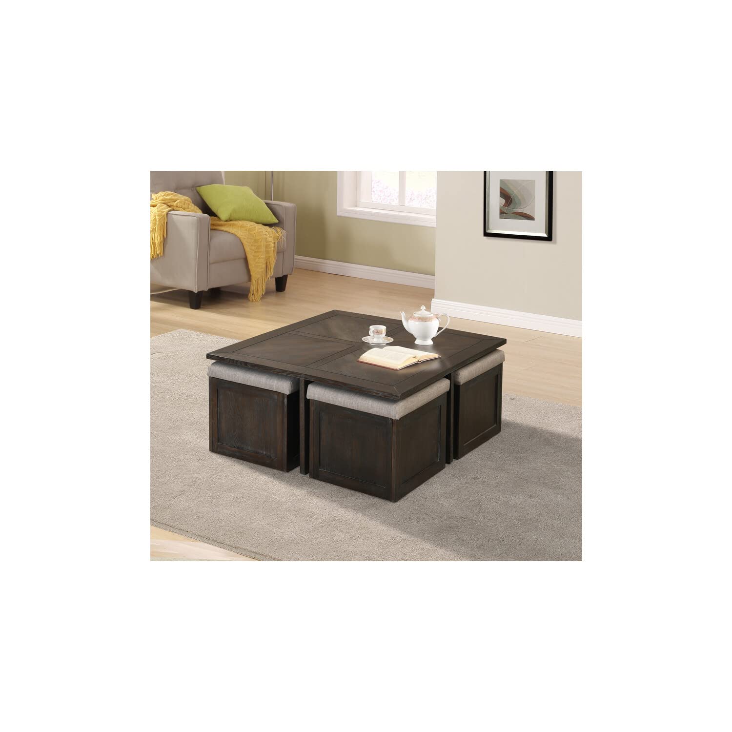 Lilola Home Trinity Gray Black MDF Coffee Cocktail Table with 4 Ottomans