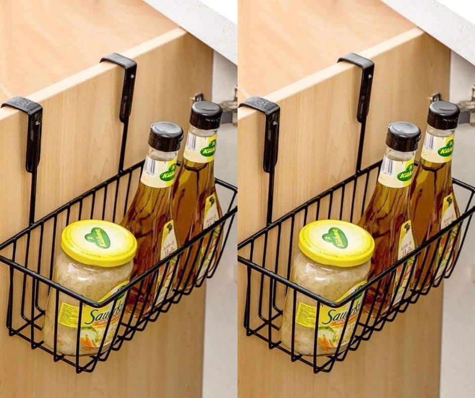 Rayver Creation Mild Steel Combo of 2 Hanging Multipurpose Baskets for Kitchen, Fruits Vegetables Storage Organizer, Black