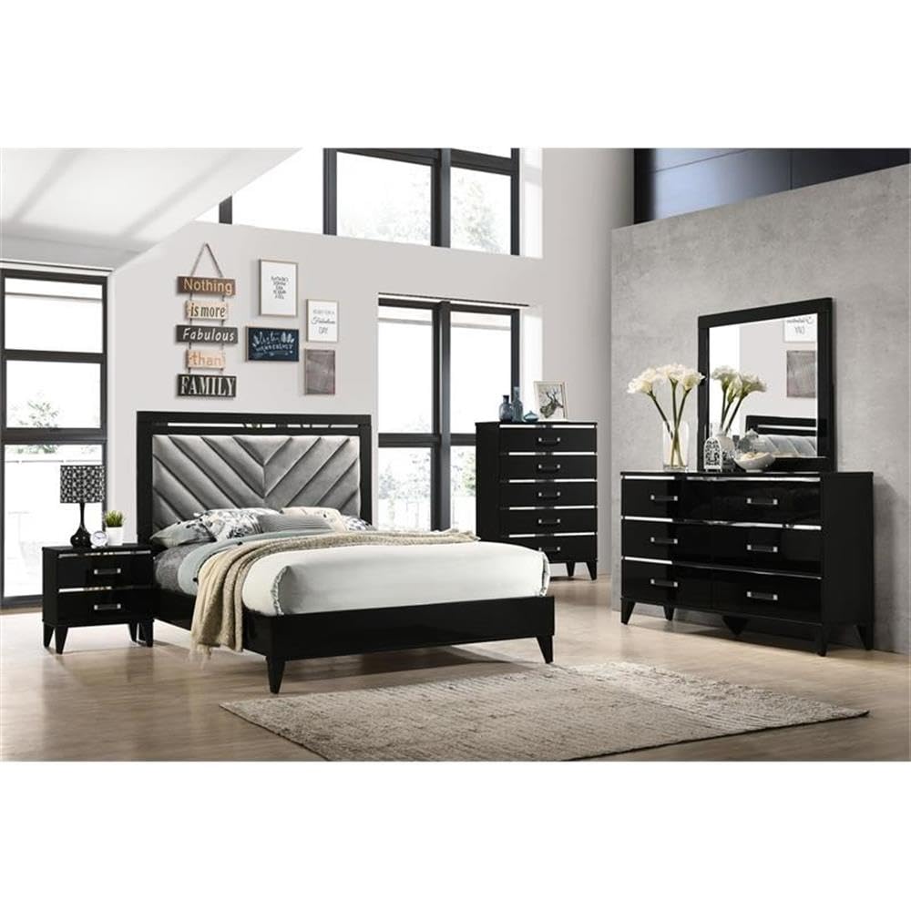 Acme Chelsie Wooden Queen Bed with Velvet Headboard in Gray and Black