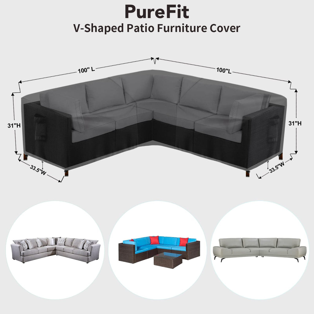 Purefit Outdoor Sectional Sofa Cover Waterproof V Shaped Patio Furniture Covers For Deck, Lawn And Backyard, 100”X100”, Black