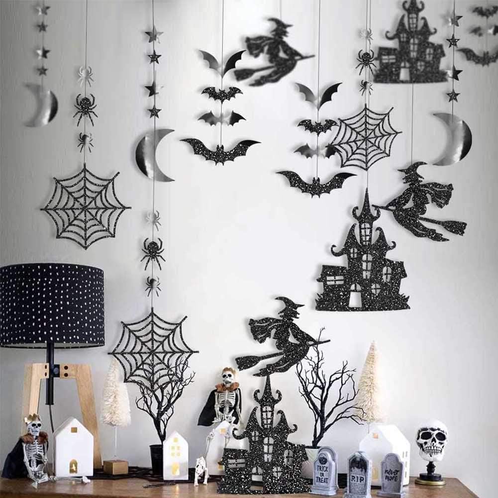 Cheerland Halloween Witch Garland For Haunted House Decoration Black Glitter Gothic Sticker Decals Star Moon Hanging Streamers B