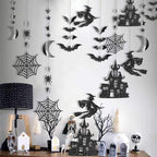 Cheerland Halloween Witch Garland For Haunted House Decoration Black Glitter Gothic Sticker Decals Star Moon Hanging Streamers B