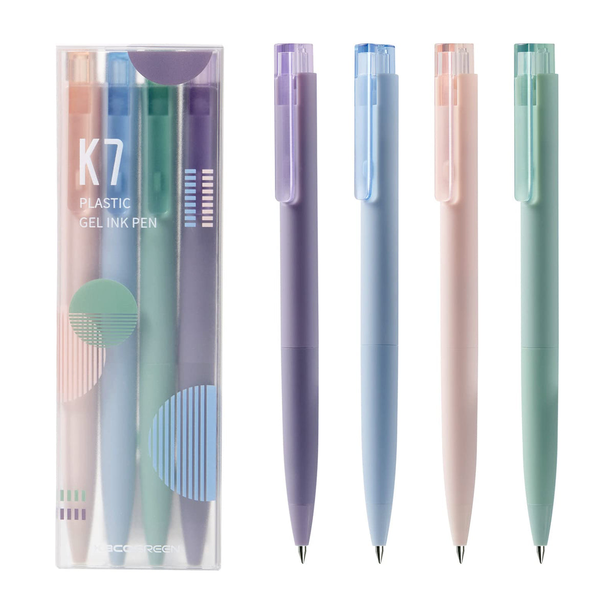 Kaco K7 Retractable Gel Ink Pens Set 4 Pieces All Black Ink, 0.5Mm Fine Point Vibrant Colors Barrels, Office School Supplies