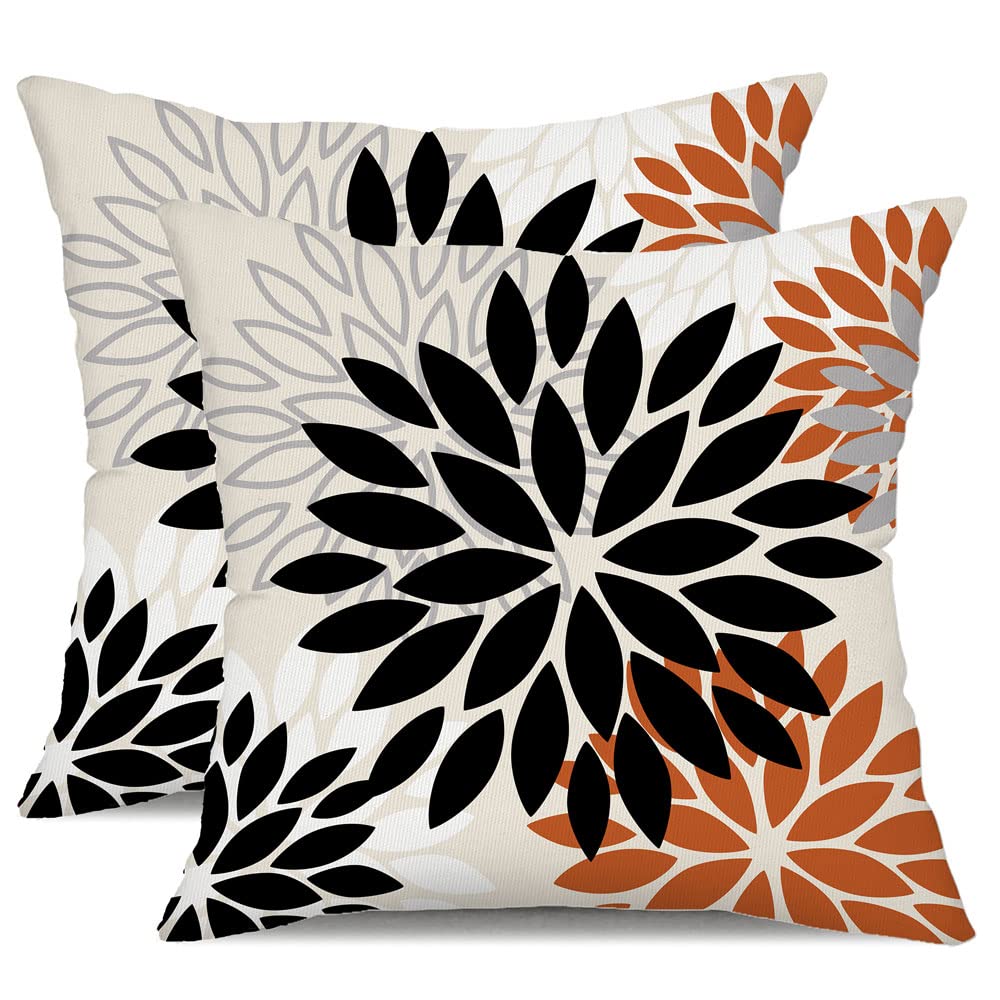 Dfxsz Black Orange Flower Pillow Covers 20X20 Inch Set Of 2 Outdoor Throw Pillows Outdoor Waterproof Decor For Living Room Sofa