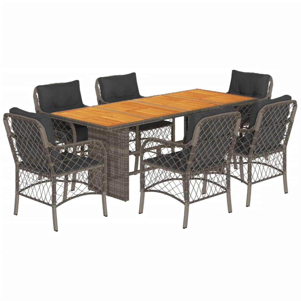 vidaXL 7-Piece Patio Dining Set with Cushions - Durable PE Rattan & Acacia Wood - Comfortable Outdoor Furniture for Garden, Backyard, Deck, or Patio - Gray