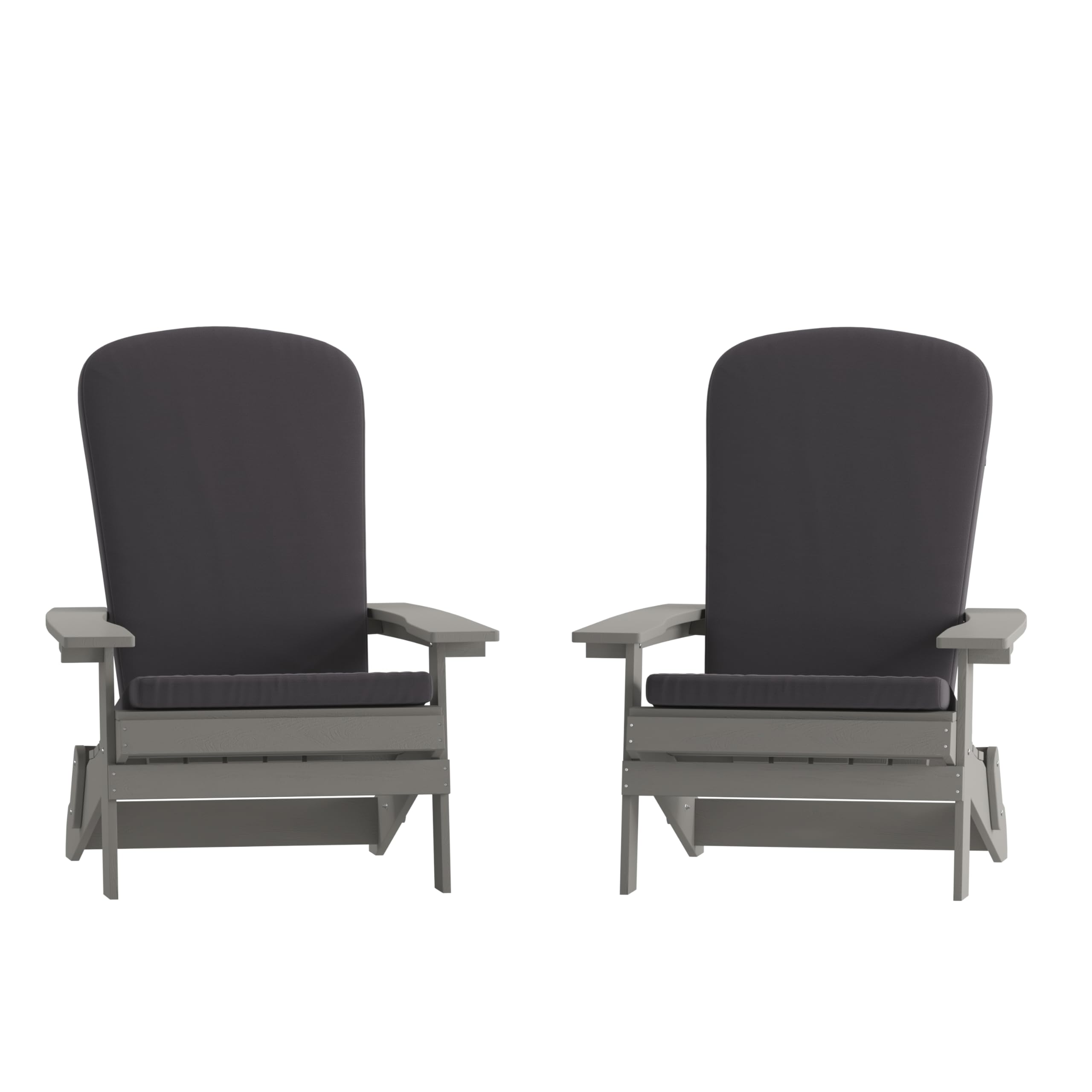Set of 2Folding Adirondack Chairs in Gray with Gray Cushions, Porch, and Patio