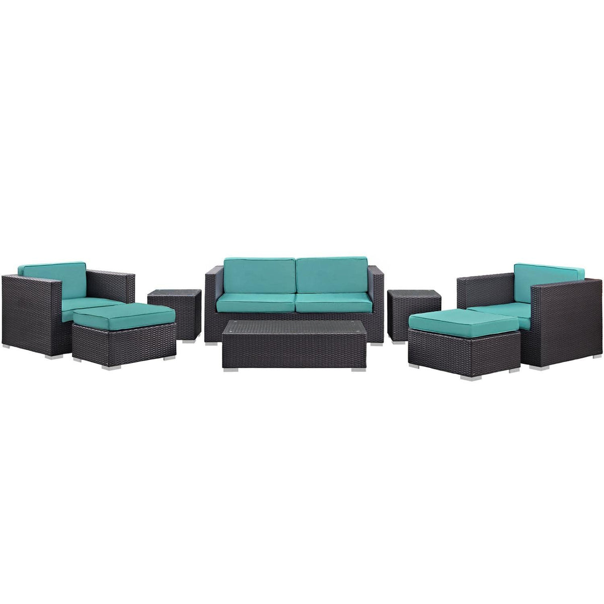 Modway Venice Wicker Rattan 8-Piece Outdoor Patio Furniture Set In Espresso Turquoise